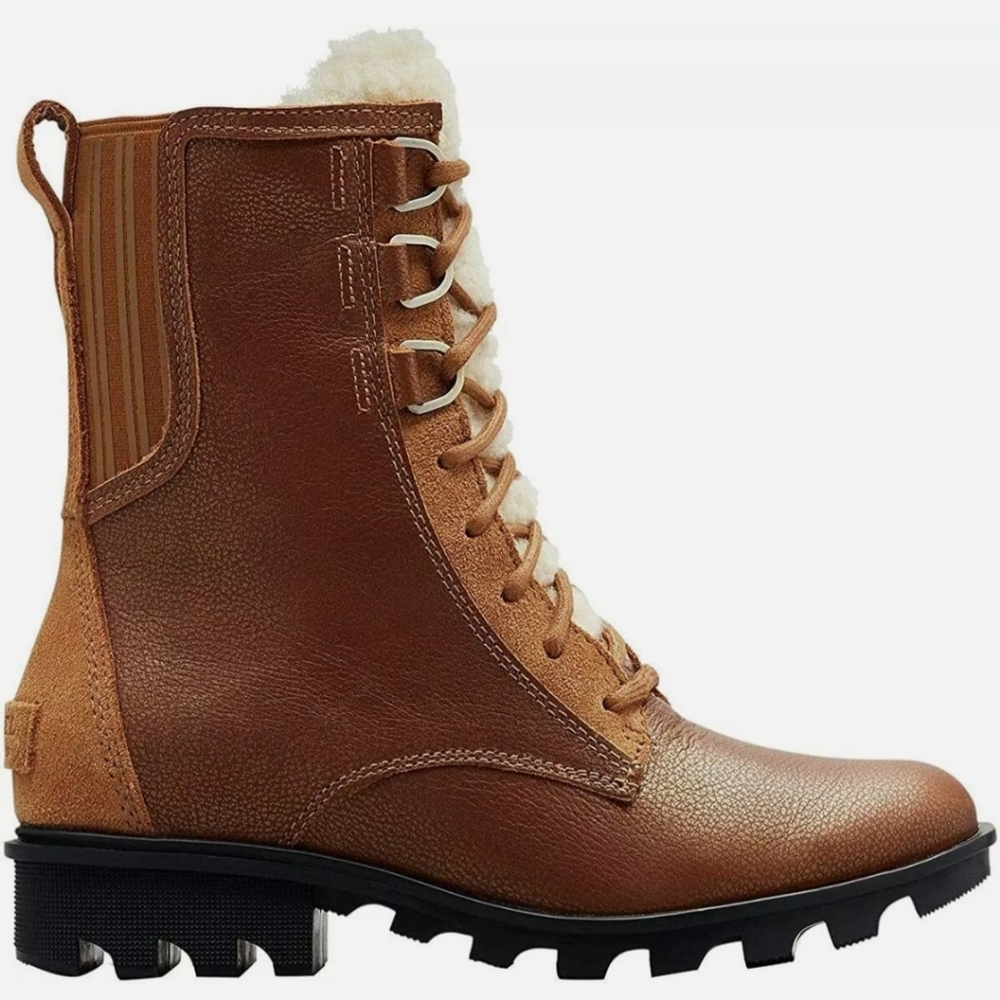 Sorel Phoenix Lace Shearling Boot in Camel Brown Leather, Sz 8